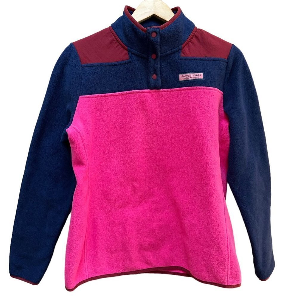 Vineyard Vines Fleece 1/4‎ Snap Pullover Colorblock Pink Blue Long Sleeve Womens